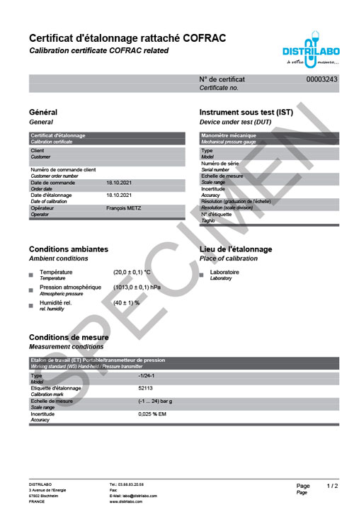 Specimen d'un certificat