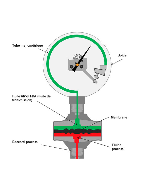 Schéma d'un manomètre avec séparateur, indiquant de haut en bas le tube manométrique, le boîtier, l'huile KN59, la membrane, le fluide process et le raccord process