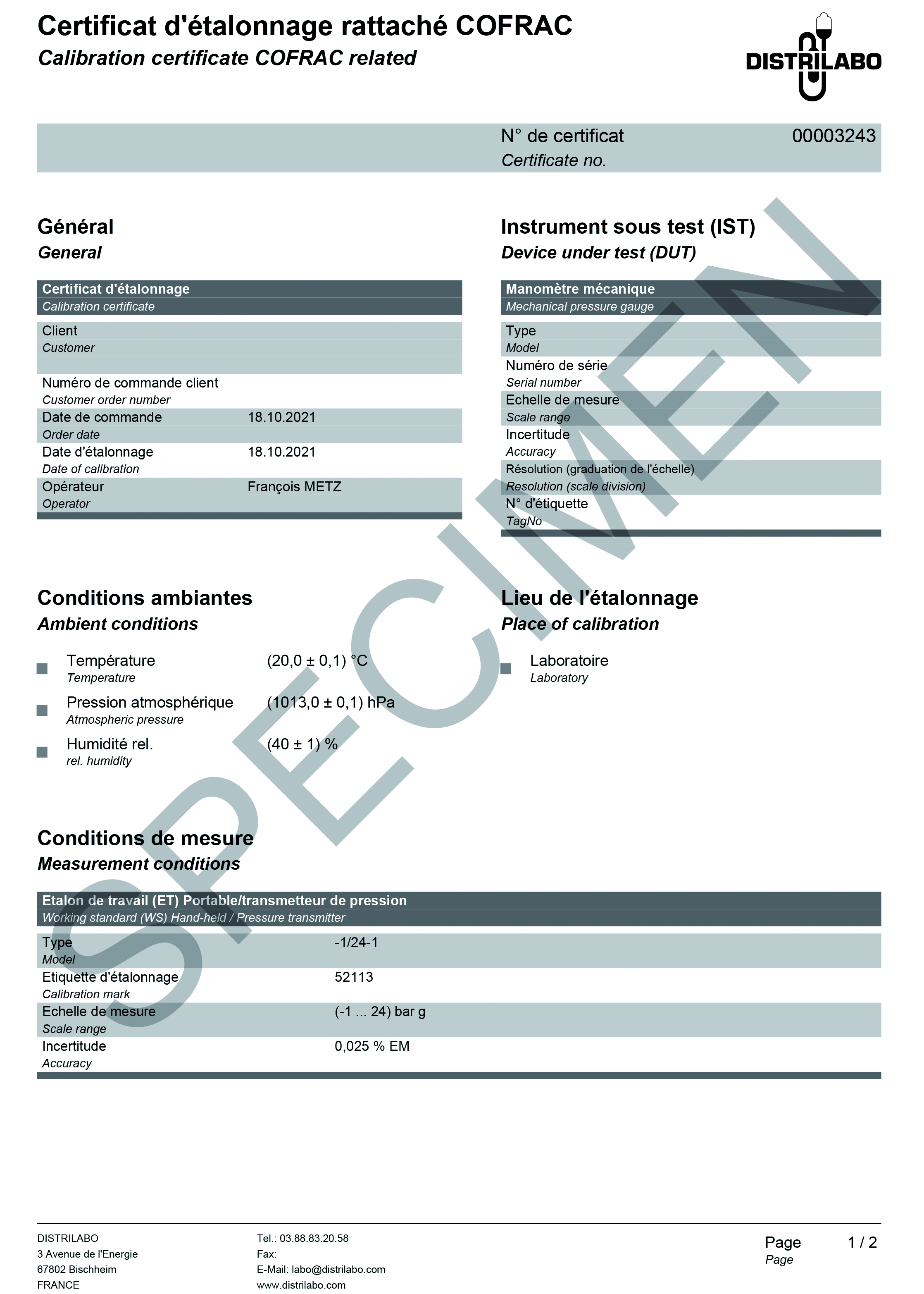 Spécimen d'un certificat