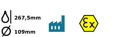 ictogrammes des qualités du régulateur de niveau à flotteur certifié ATEX : taille de 267,5 x 109 mm, conçu pour les application industrielles à risque